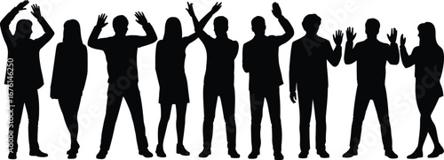 Silhouettes of diverse group people waving hands together, unity concept, teamwork, friendship, celebration, social interaction, communication vector illustration.