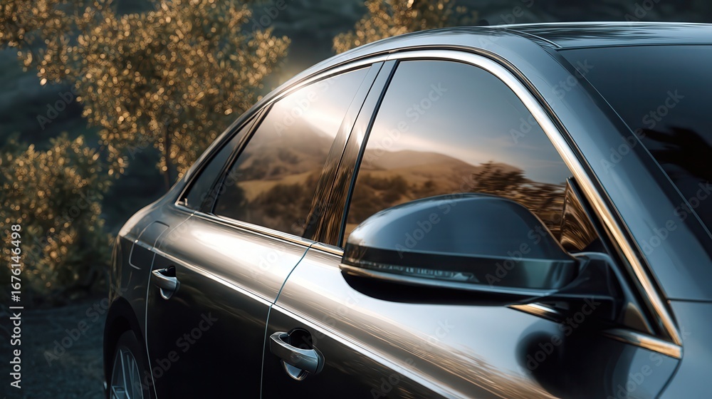 Obraz premium A 4K photo of side view of car window tint, ceramic film provides heat rejection and UV protection.