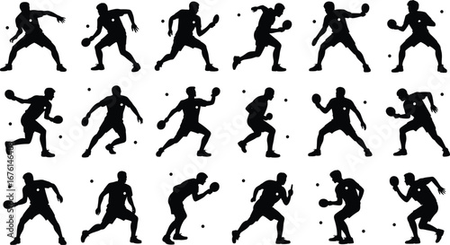 Silhouettes of table tennis players in dynamic poses, professional ping pong actions for sports vector design, illustration, and motion study.