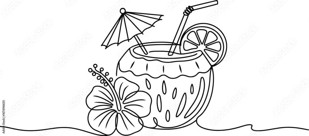 Obraz premium Tropical Coconut Drink Line Art with Hibiscus Flower and Umbrella.