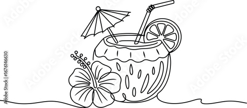 Tropical Coconut Drink Line Art with Hibiscus Flower and Umbrella.