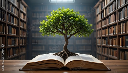 World philosophy day concept with tree of knowledge planting on opening old big book in library full of textbook.