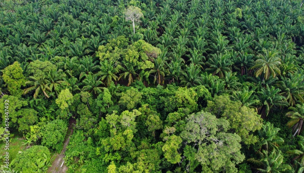 Obraz premium Lush Green Forest with Dense Palm Trees and Tropical Vegetation