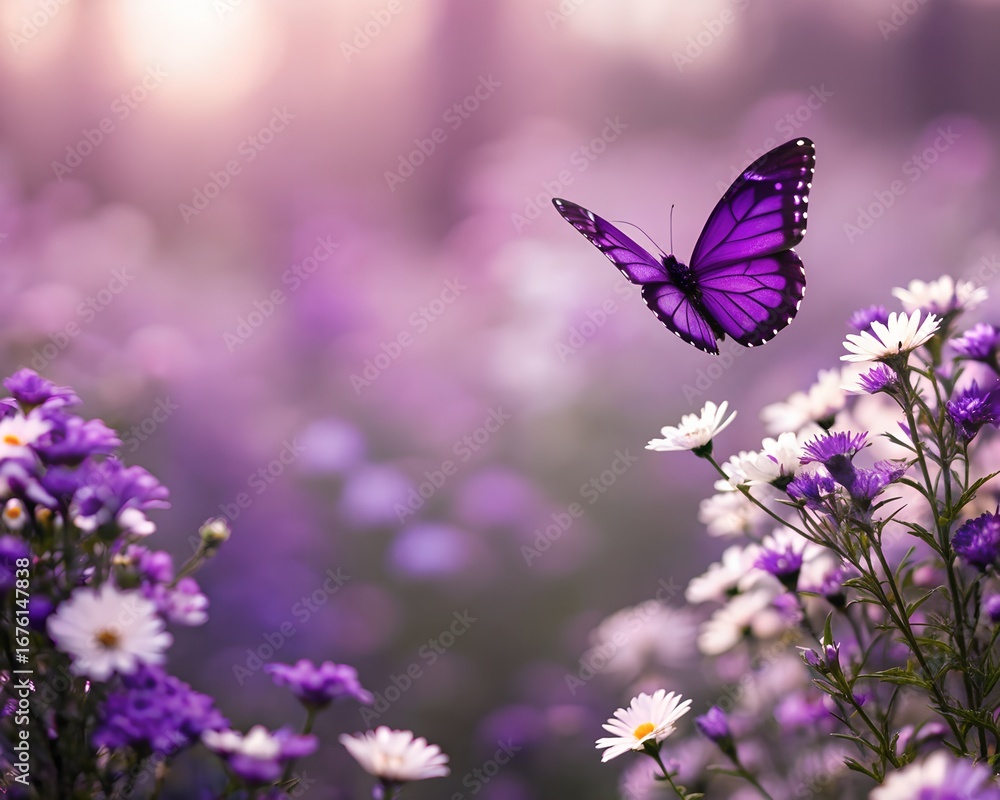 Naklejka premium butterfly wallpaper.Blue butterflies flying gently through a mystical forest, radiant wallpaper background with magical tones, dreamy insect wings, and enchanted fantasy charm.