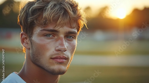 Modern crew cut with a high taper fade the top left textured and voluminous set against a dynamic backdrop of an outdoor sports field capturing the active athletic nature of the style