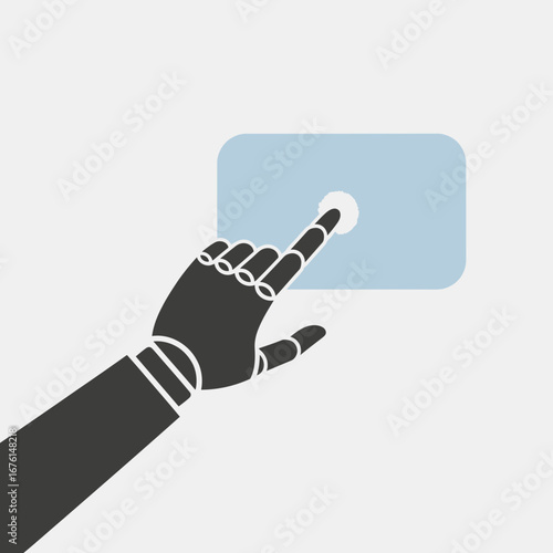 Robotic hand touching a digital interface screen