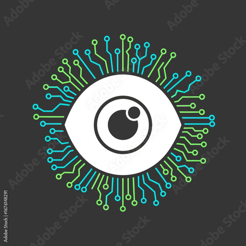 Stylized eye with digital circuit board pattern.