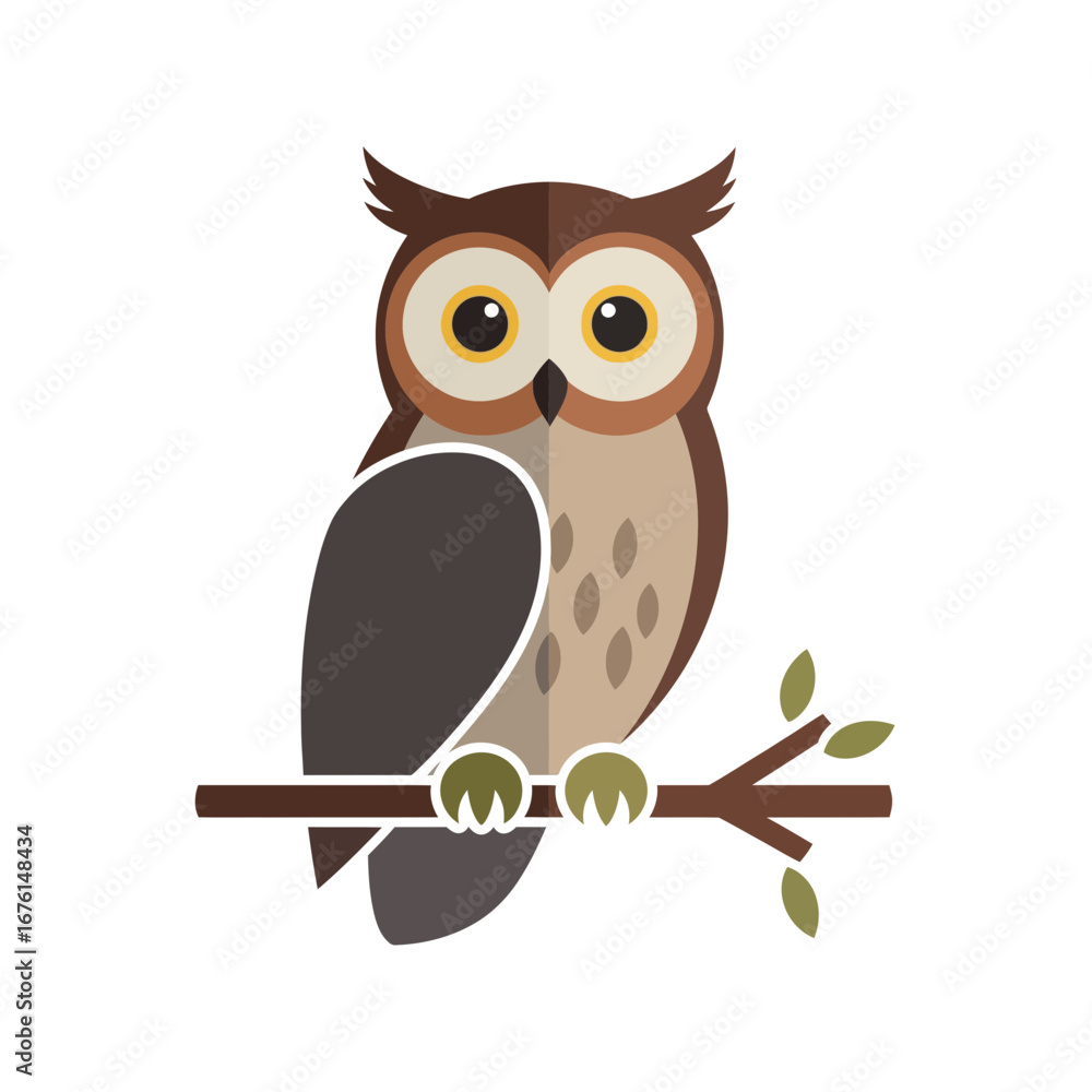 Fototapeta premium Cartoon owl perched on a branch against a white background.