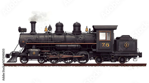 Detailed side view of vintage black steam locomotive for historical railway design