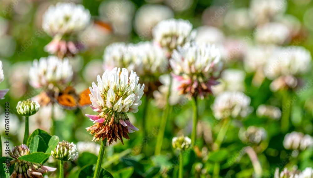 Fototapeta premium Beautiful Blooming White Clover Flowers in Sunlit Meadow Scene