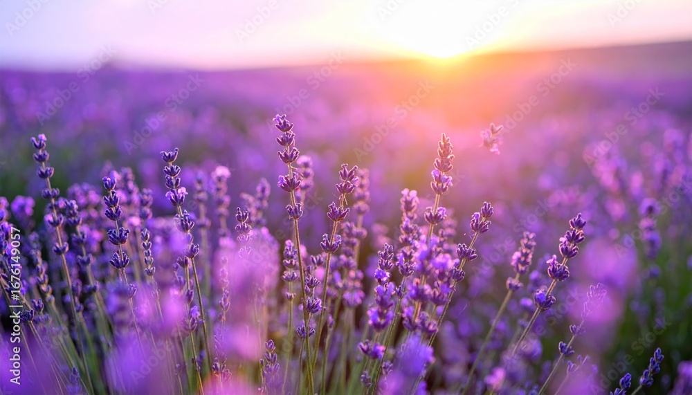 Obraz premium Sunlit Lavender Field with Purple Blooms at Golden Hour