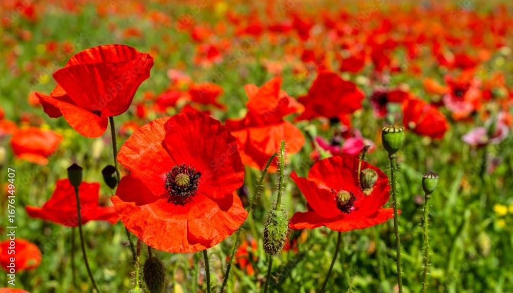 Fototapeta premium Vibrant Red Poppy Flowers in a Lush Green Meadow Background