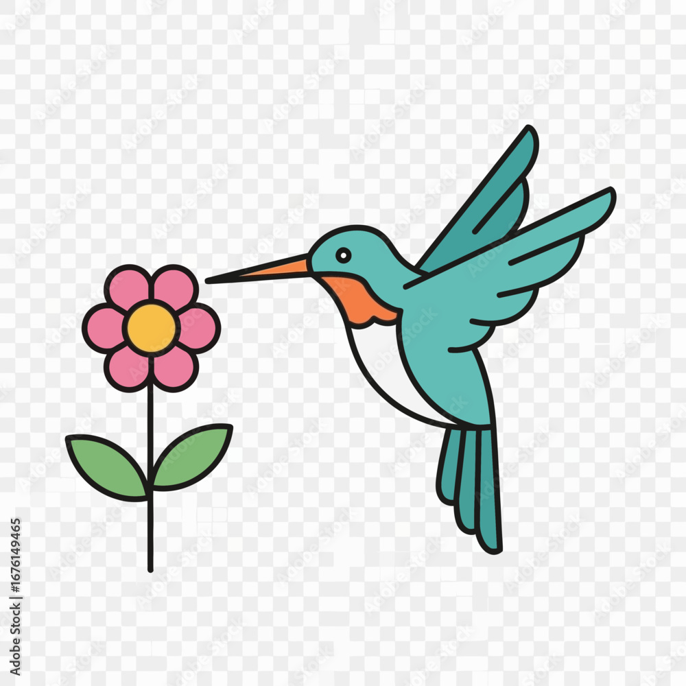Naklejka premium A teal hummingbird drinks nectar from a pink flower.