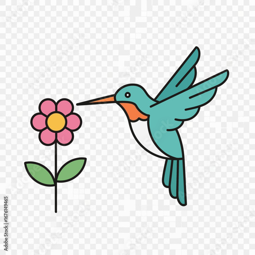 A teal hummingbird drinks nectar from a pink flower.