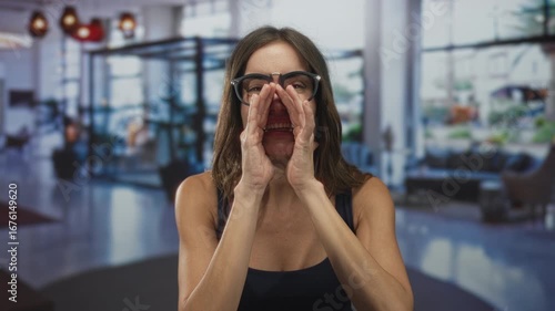 Woman with smiling face wearing dark framed glasses cups hands to mouth in building lobby; enthusiasm.