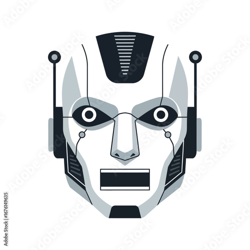 Futuristic robot head with glowing eyes and antennas
