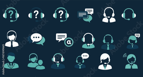 Vector art of collection of icons representing customer service, communication, and support