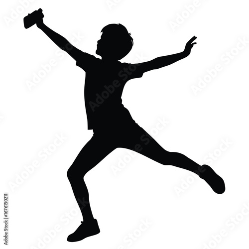 Boy holding smartphone aloft in dynamic pose silhouette
