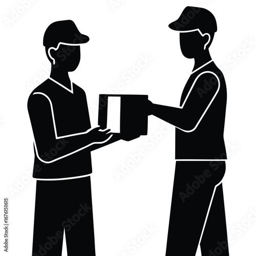 Delivery men exchanging package exchange courier