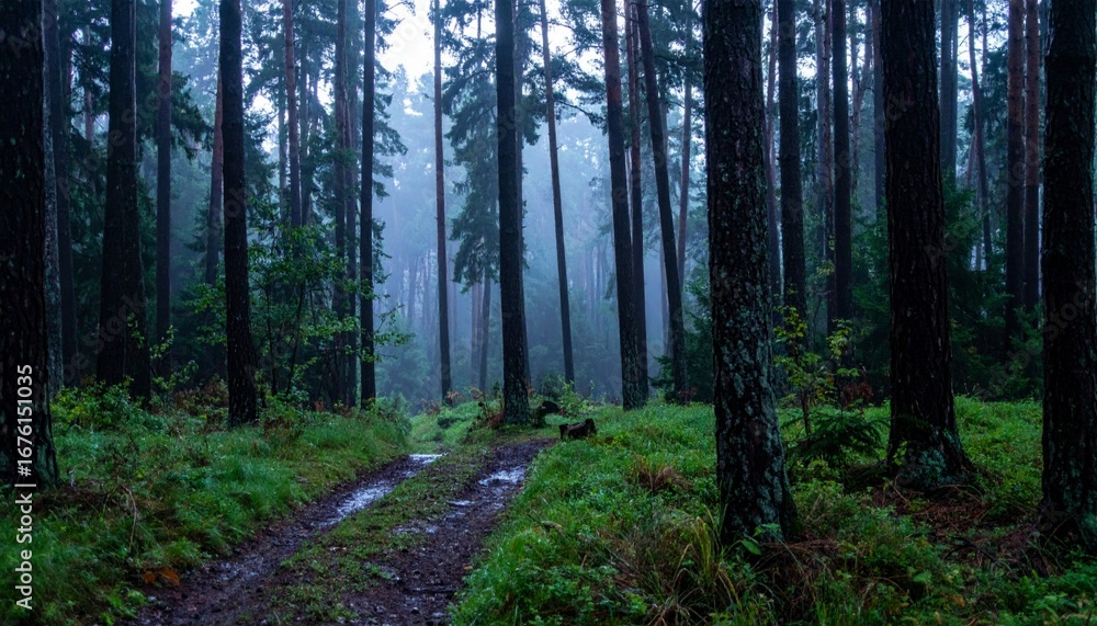 Obraz premium Misty Forest Path with Tall Trees and Lush Greenery in Fog