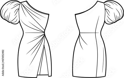 Elegant one shoulder puff sleeve evening dress fashion flat sketch with draped waist detail, thigh slit, and back view illustration