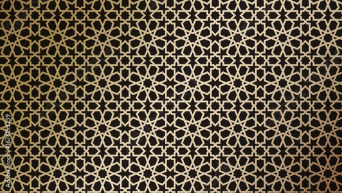 Arabic pattern with geometric motifs of stars and symmetrical lines in gold on a black background, creating an elegant, Islamic feel with a nuance of Middle Eastern architectural tradition.