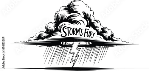 Storm’s Fury Thundercloud Lightning Rain Black and White Illustration.