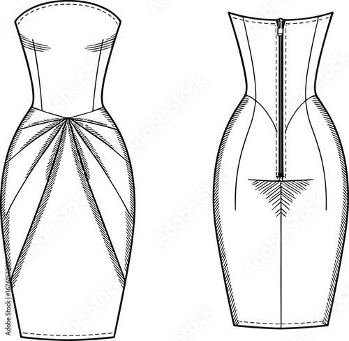 Strapless sweetheart neckline fitted pencil dress technical fashion vector illustration with pleated waist detail, princess seams, and front and back views
