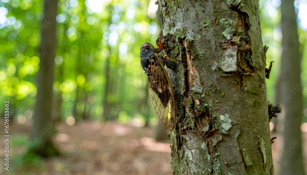 Fototapeta premium Close-up of a Cicada on Tree Bark in Lush Green Forest Setting