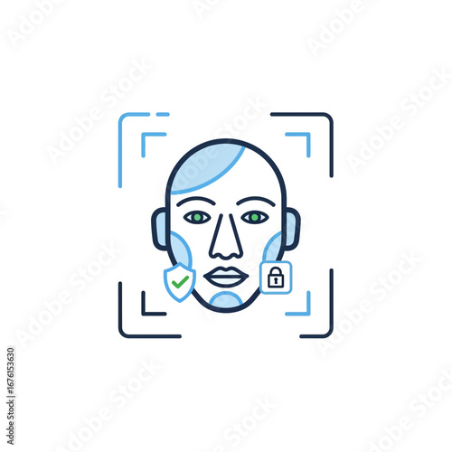 Face recognition technology scanning a human face with security icons.