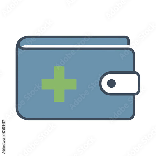 A blue wallet with a green plus sign on it.