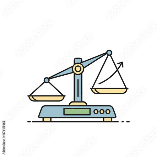A balanced scale with one side showing an upward trending arrow.