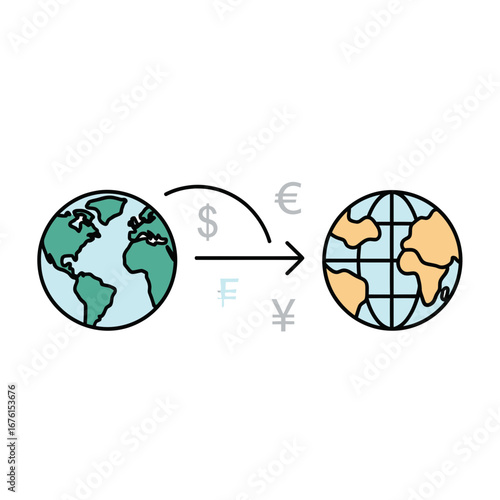 Global currency exchange between two planet illustrations.