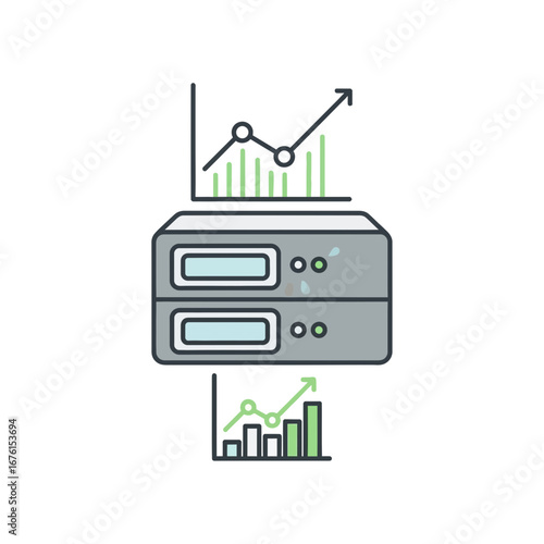 Server with upward trending graphs indicating growth and data.