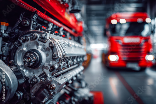 Close-up of a high-performance engine in a modern vehicle workshop with a red truck in the background