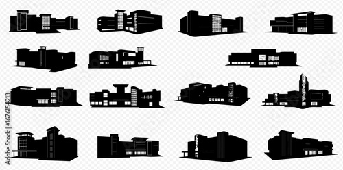 Collection of sixteen diverse building silhouettes, showcasing various architectural styles and sizes.