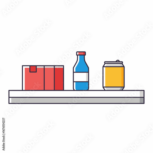 Shelf with a box bottle and can illustration.