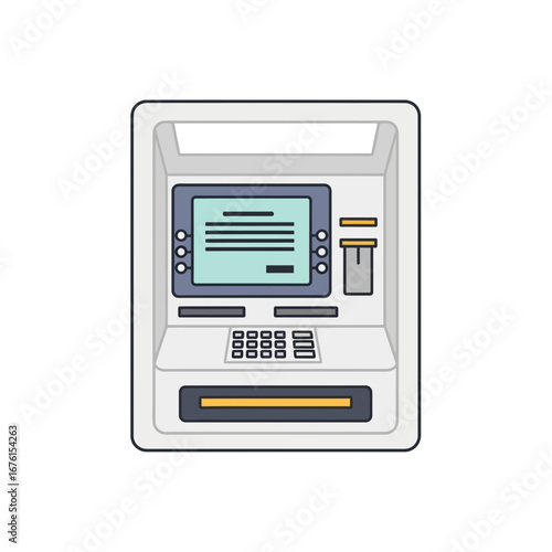 Automated teller machine with screen keypad and card slot.