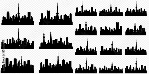 Collection of twelve diverse city skyline silhouettes, featuring variations in building height and density.