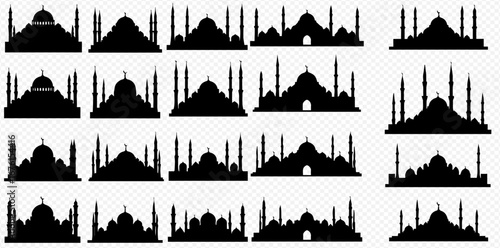 Collection of mosque silhouette variations, showcasing diverse architectural styles and dome designs.