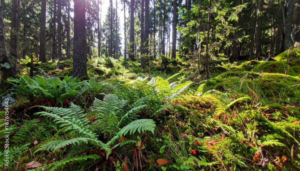 Fototapeta premium Lush Green Ferns in Sunlit Forest Landscape Surrounded by Trees