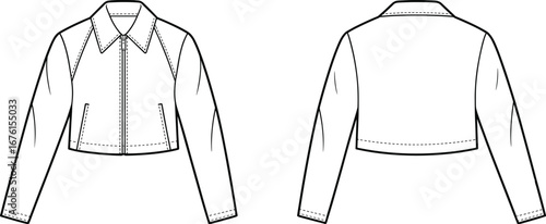 Technical fashion illustration of cropped jacket with pointed collar, long sleeves, seam detailing, zipper closure, topstitching, front and back garment construction drawing