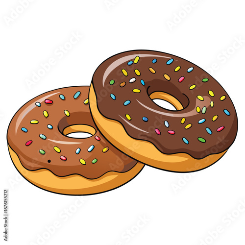 Two delicious chocolate donuts with colorful sprinkles isolated on white background, a sweet treat