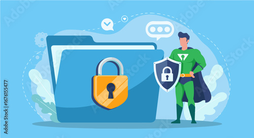 Superhero protects digital data with a shield and locked folder, symbolizing cybersecurity and data protection.