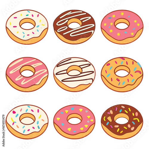 Colorful donuts with various toppings isolated on white background, a sweet and delicious treat for everyone