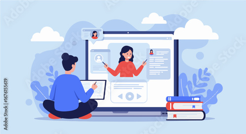 A person on a laptop attending an online class with a tutor.