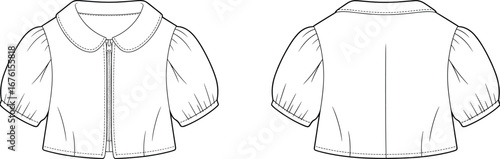 Technical fashion illustration of short‑sleeved cropped blouse with Peter Pan collar, puff sleeves, gathered hems, front and back garment construction drawing