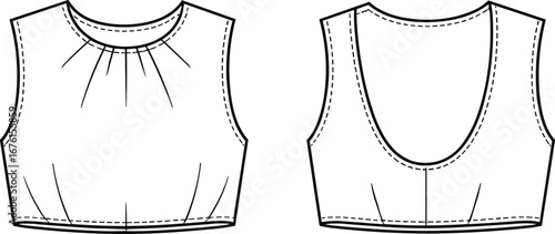 Technical fashion illustration of sleeveless crop top with pleated front neckline, scoop back, vertical seams, tailored fit, garment construction drawing