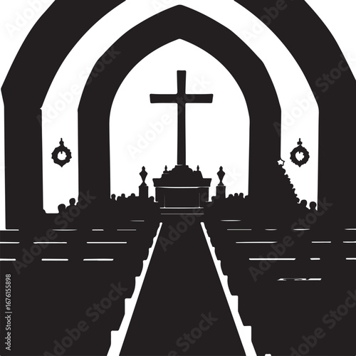 Church interior with cross altar pews and congregation