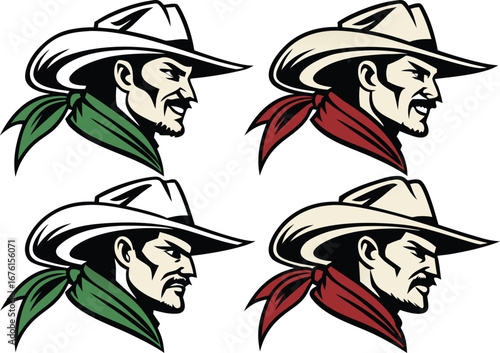 Four cowboy head profiles in different colors